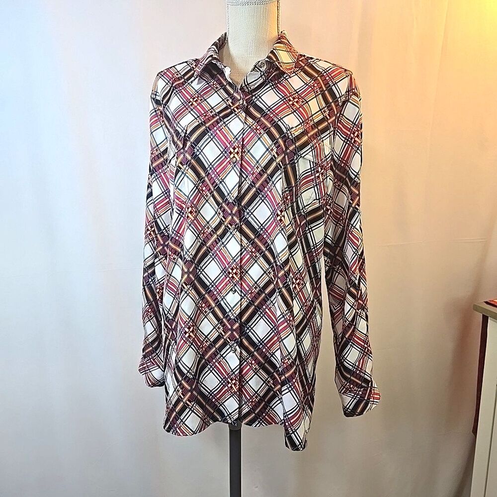 Anne Klein Black & Multicolor Plaid Women's Size XL Button Down Shirt Blouse Top